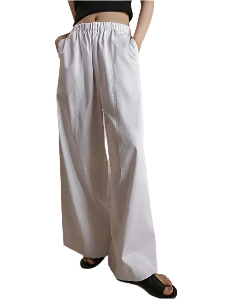 🍒Minimalism pants women wide leg high waisted elasticated trousers solid colour bottoms with pockets design versatile casual clothing Simple Style