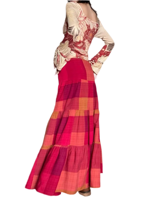 🍒Boho maxi skirt tiered maxi ruffle high waist drawstring skirt long summer vintage style clothing for women casual wear beach wear Red-efine Your Style
