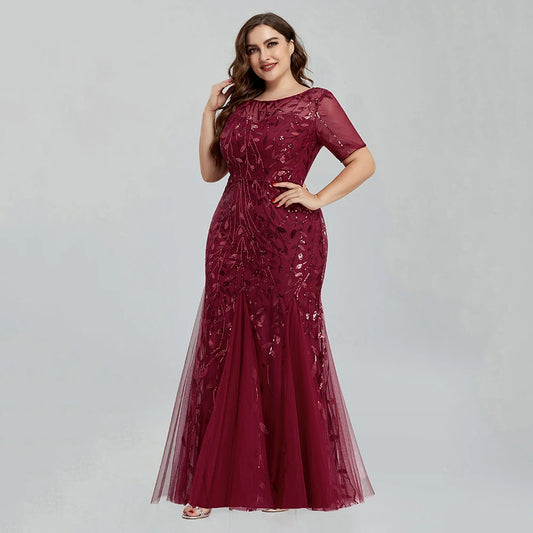 🍒Plus size sequin mesh dress mermaid evening gown beaded leaves pattern party occasion wear prom gowns short Sleeve sparkly outfits for women Fish Dish For Christmas