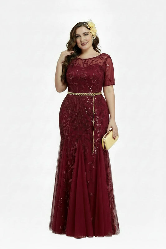 🍒Plus size sequin mesh dress mermaid evening gown beaded leaves pattern party occasion wear prom gowns short Sleeve sparkly outfits for women Fish Dish