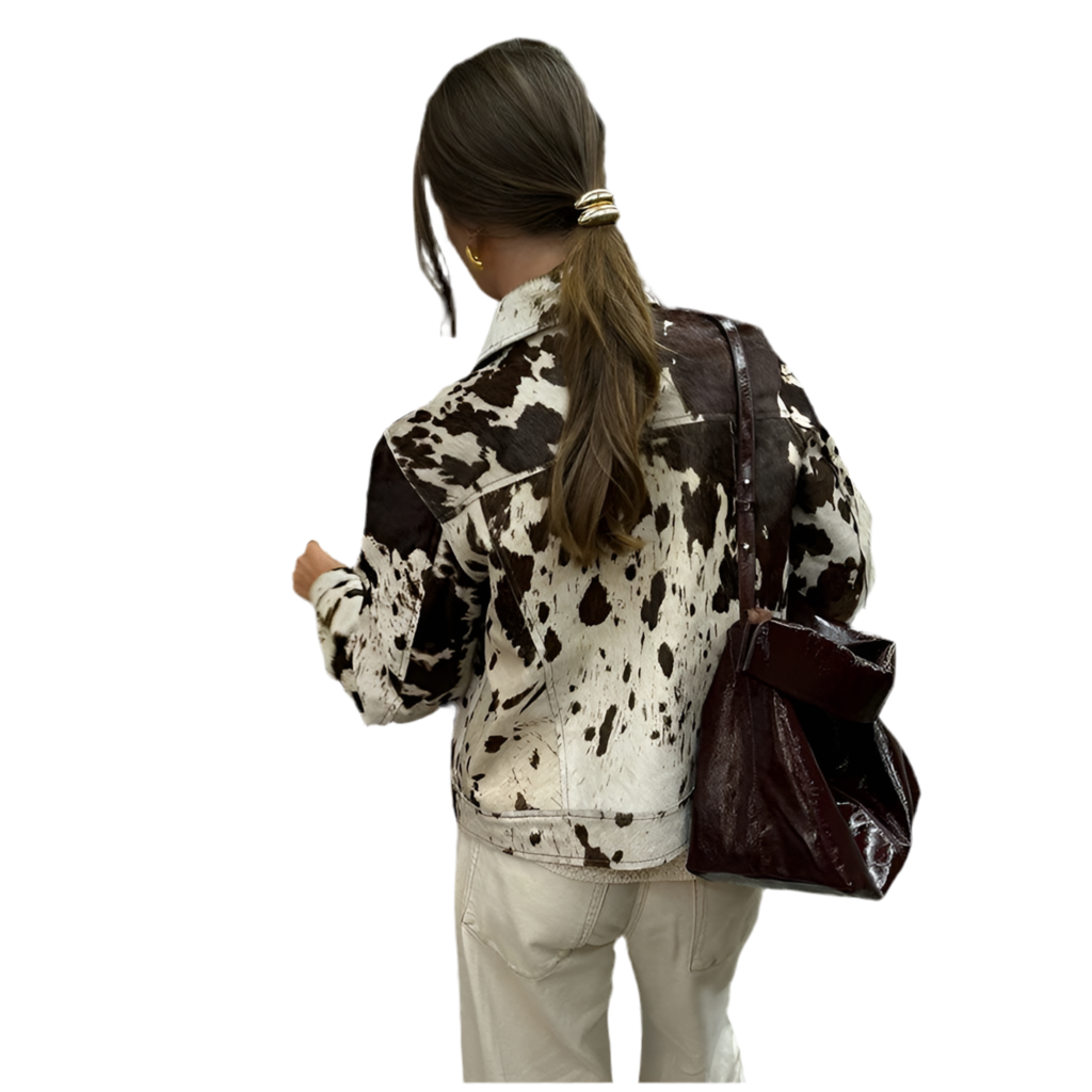 🍒Women's cow print Jacket with lapel collar short zipper coat for smart casual female outerwear Warm Milk (it) A Cow