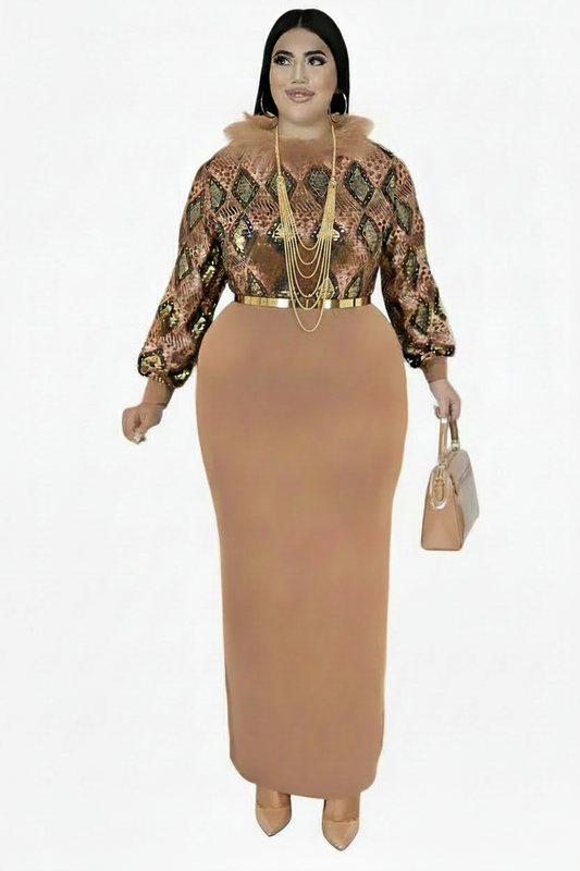 🍒Plus size women’s dresses mixed media fashion sequin front outfit bodycon solid lower skirt feather neckline long sleeve vintage maxi drress elegant occasion partywear TRI the BODYCON ANGLE