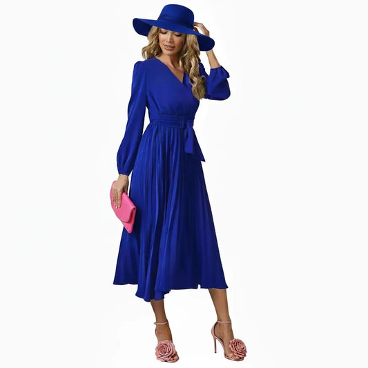 🍒Long sleeve v- neck pleated dress solid colour midi outfit with waist belt long dresses smart casual women office wear 'Appy A-lines