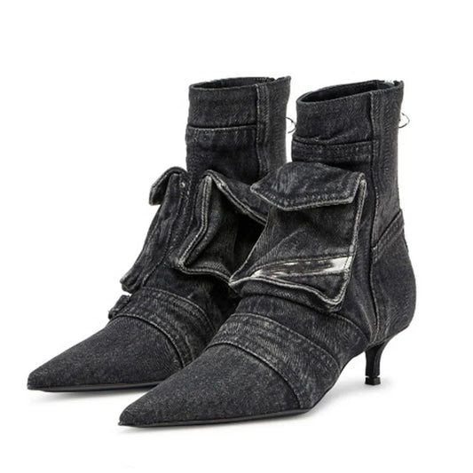 🍒Denim pockets boots ankle kitten heel shoes back zipper shoes retro styles booties with pointed toe smart casual footwear women Pocket This Denim And Make A Point