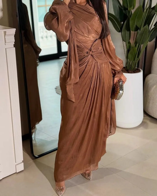 🍒Womens long sleeve pleated dress evening party wedding guest outfit prom gowns maxi fashion clothing maxi dress clothing Role In Folds
