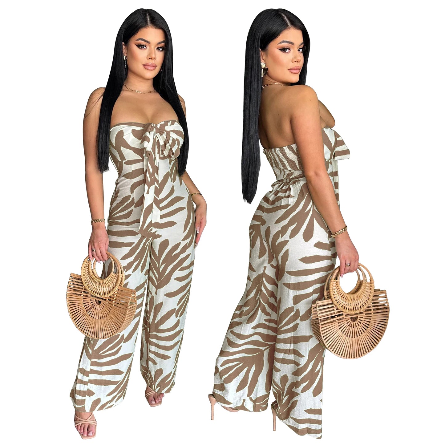 🍒Printed bodycon Jumpsuit with Wide legs clubwear beach party holiday fashion wear for women smart casul clothing