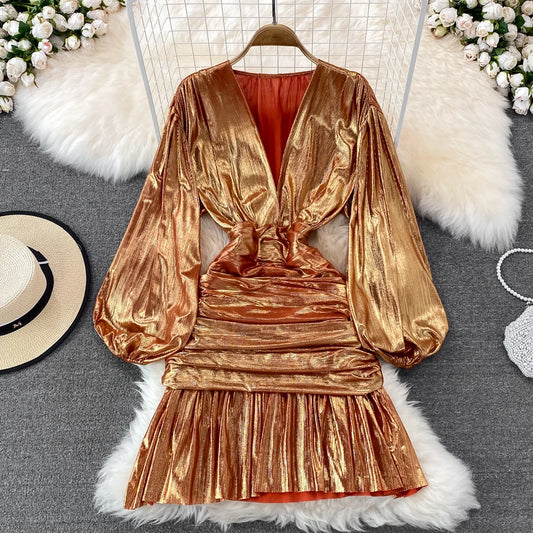 🍒Womens spring summer fashion dress shiny material v -neck lantern sleeve pleated occasion outfit hip wrap clothing party wear Super Sensual Satin