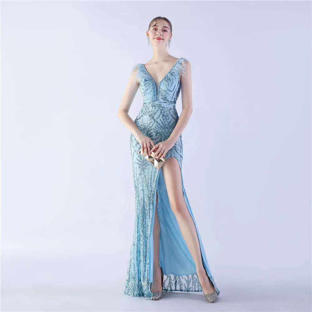 🍒Beaded evening dress v neck sleeveless feather decorated occasion wear party outfit with side slit high-end maxi Work It In Your Bead Work