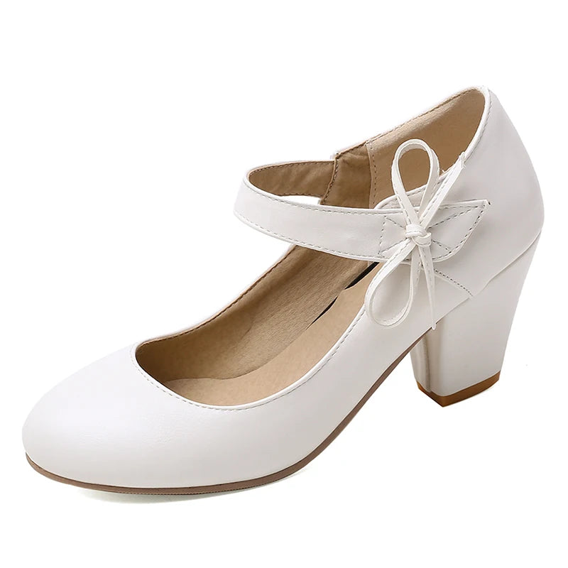 🍒Womens pumps 7cm high thick block heels round toe mary Janes shoes wedding dress footwear office shoes ladies ankle strap heels with bows