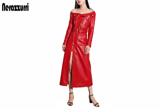 🍒Leather long dresses with side split for women slash neck red black pu outfit long sleeve shoulderless for occasions party wear club wear REDiculously Cool