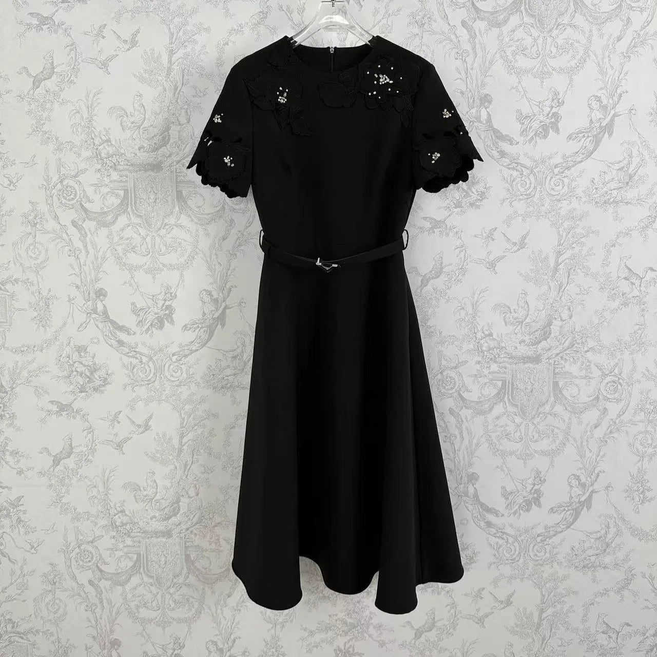 🍒Short sleeve vintage dress short sleeve midi hand-made lace hollow diamond summer outfit a-line womens fashion wear Line Up For As or you wil B disapointed