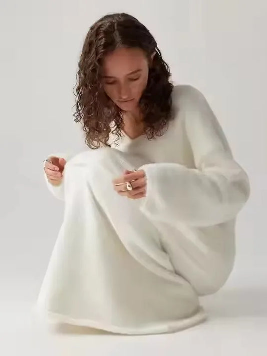 🍒Sweater 2 Pieces sets winter casual outfits warm autumn maxi a-line skirt and v- neck knitted long sleeve jumper women