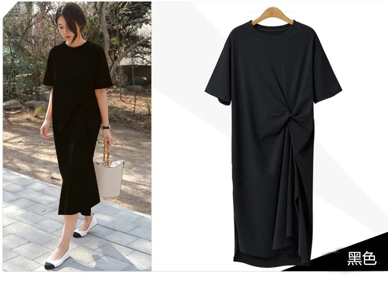 🍒100% cotton summer dress side knot design short sleeve midi outfit womens casual fashion t- shirt dress holiday clothes Bend Into Banana