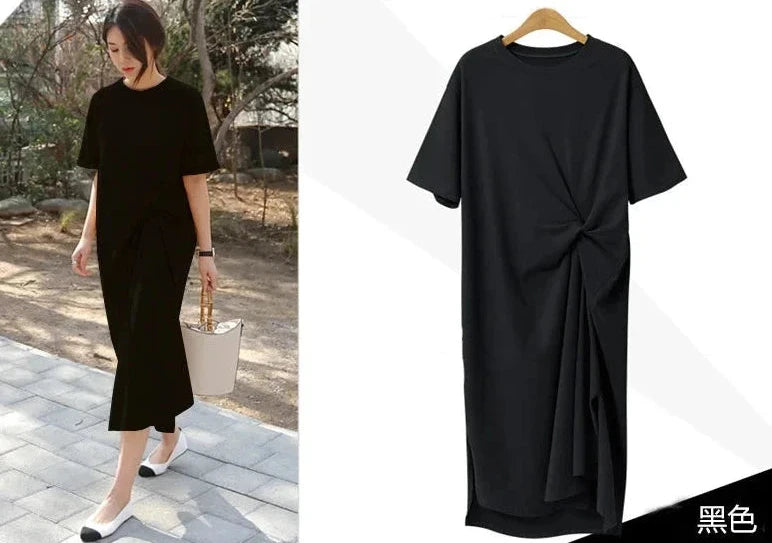 π100% cotton summer dress side knot design short sleeve midi outfit womens casual fashion t- shirt dress holiday clothes Bend Into Banana