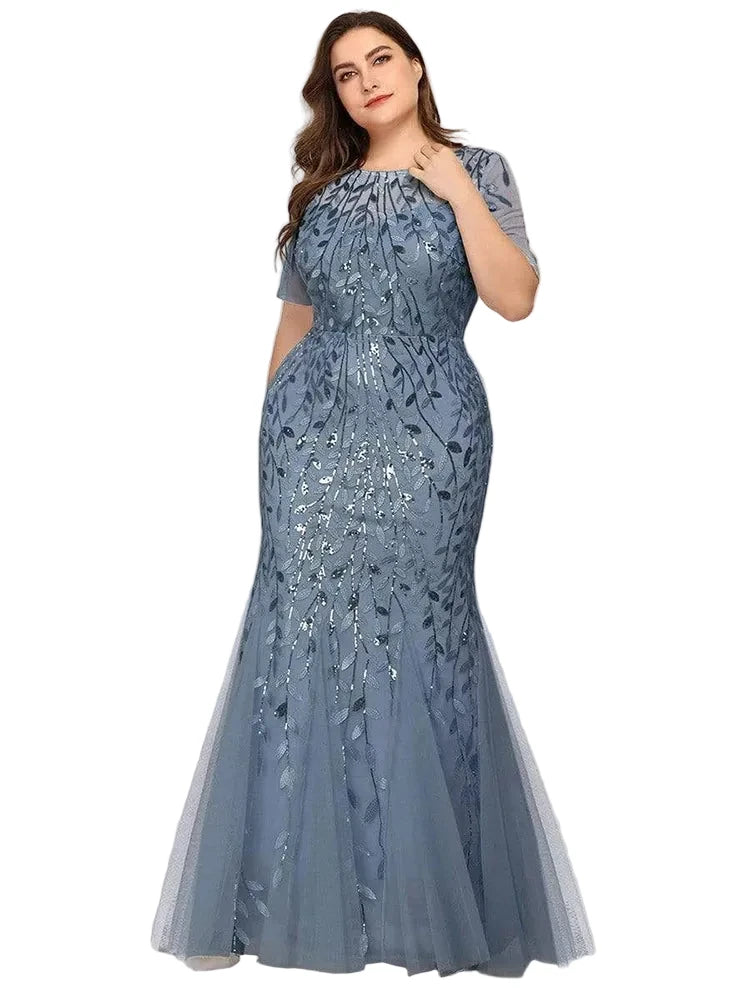 🍒Plus size sequin mesh dress mermaid evening gown beaded leaves pattern party occasion wear prom gowns short Sleeve sparkly outfits for women Fish Dish