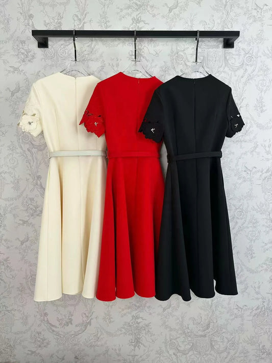 🍒Short sleeve vintage dress short sleeve midi hand-made lace hollow diamond summer outfit a-line womens fashion wear Line Up For As or you wil B disapointed