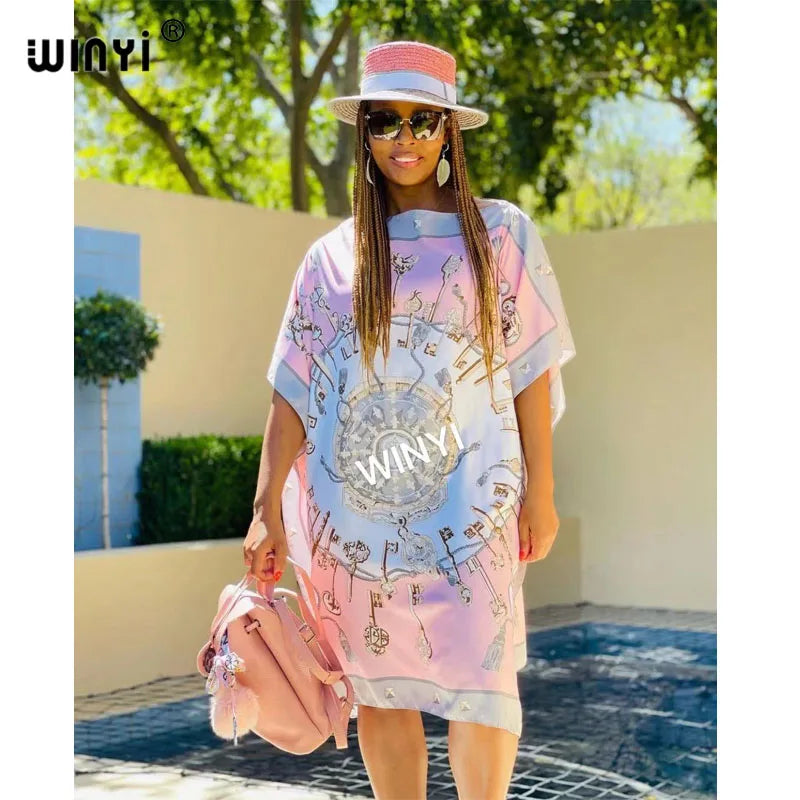 🍒Printed scarf dress loose fit women's silk outfit coloful beach coverup loose batwing midi fashion feminine beach wear summer party wear You Will Have A Whale Of A Time Wearing This