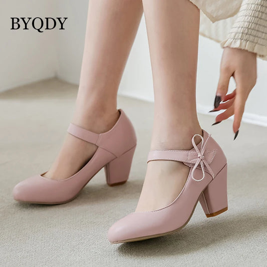 🍒Womens pumps 7cm high thick block heels round toe mary Janes shoes wedding dress footwear office shoes ladies ankle strap heels with bows