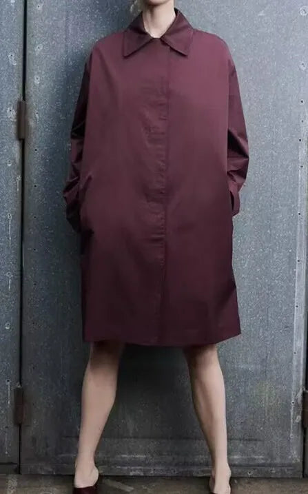 🍒Women's spring and summer fashion style simple and versatile trench coat long sleeves collar outwear smart casual Bottle Style With A Burgundy Coat Dress