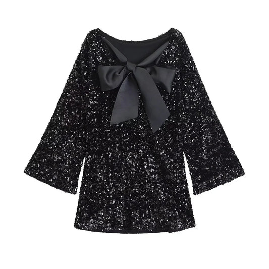 🍒Women's bow front dress sequin outfit for occasion retro long sleeve female party wear Mini dress with wide sleeves.