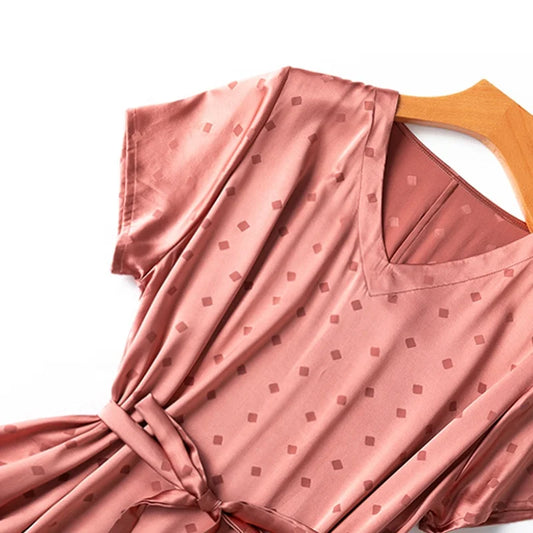 🍒Summer silk dress 93% Silk 7% Spandex outfit women v-neck short sleeve midi dress loose Jacquard printed holiday wear party occasion wear