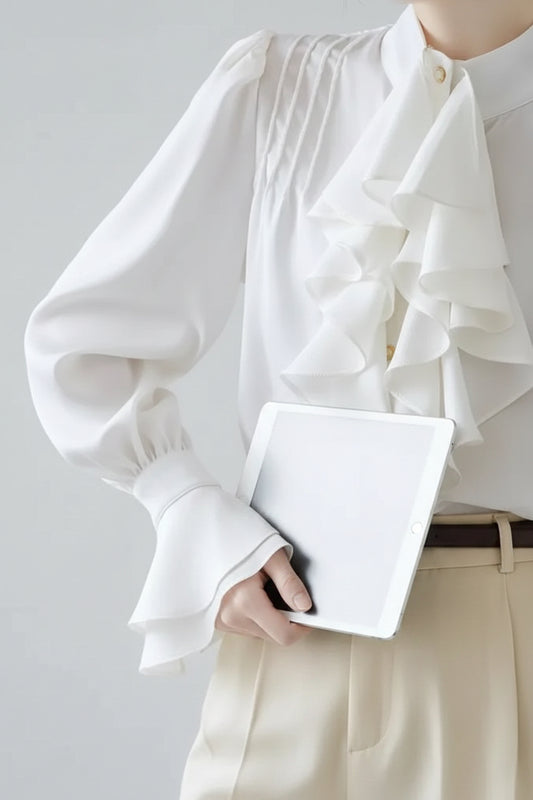 🍒Vintage blouse court style button fold flare sleeve slim pure white shirt with ruffles women elegant stand collar top female smart casual wear office clothing occasion clothing No One Will Judge You With This Cool Court Style Blouse