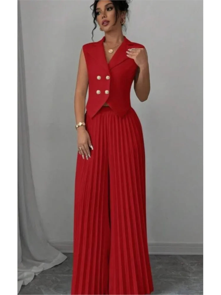 🍒Womens vest outfits cropped waistcoat plus trousers two piece set formal spring summer fashion retro wide-leg pleated pants and slimming sleeveless cropped vest occasion wear smart casual Invest In A Vest Set