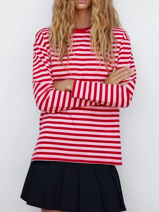 🍒Striped tops for women Y2k fashion long sleeve tops red and pink t-shirt vintage tee all season clothes casual Get Tipsey In Red Stripes