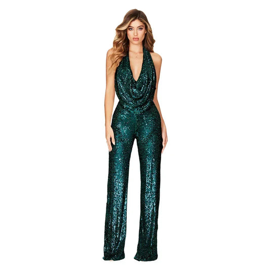 🍒Sleeveless backless jumpsuit Women's halter one piece outfit with sequins occasion partywear