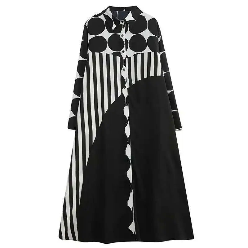 🍒Black polka dot a-line dress plus size Asymmetry shirt dress midi women's long sleeve summer outfits fashion smart casual Get An Angle On A- Triangle
