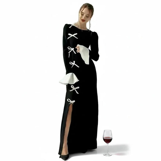 🍒Black evening dresses long flared sleeves side slit outfit party evening gown with bows maxi occasion dress black and white Walk Your Pretty Side