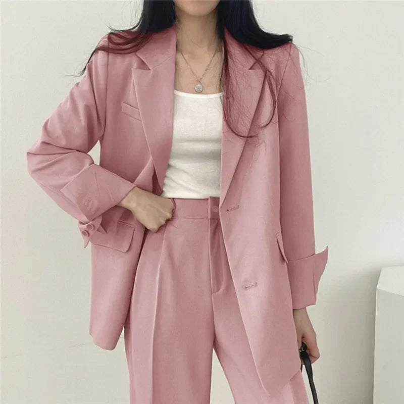 🍒Solid color women's suit set fashion loose casual wear 2 piece set office suits for ladies long sleeve pocket jacket formal wear strawbery choclate ...Suit Yourself