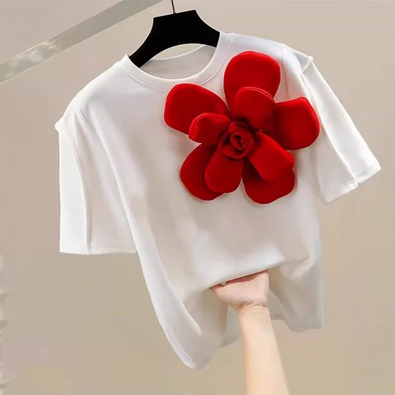 🍒 3D flower t-shirt o-neck white tee Y2k short sleeve loose top for summer women sweet fashion clothing Big Up Flower T-shirts