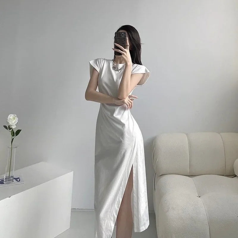 🍒White dresses smart casual Women fashion clothing chic black midi outfit simple elegant slinky Y2k style clothes Step A side Side Slit Slim -ple