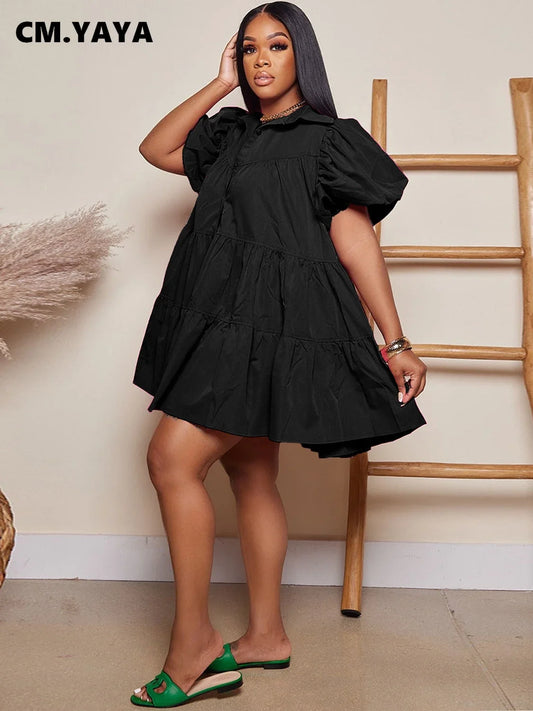 🍒Puff sleeve dress baby doll style single breasted lapel collar dress women mini outfit big swing loose smock dress Get Puffed Out In A Swing