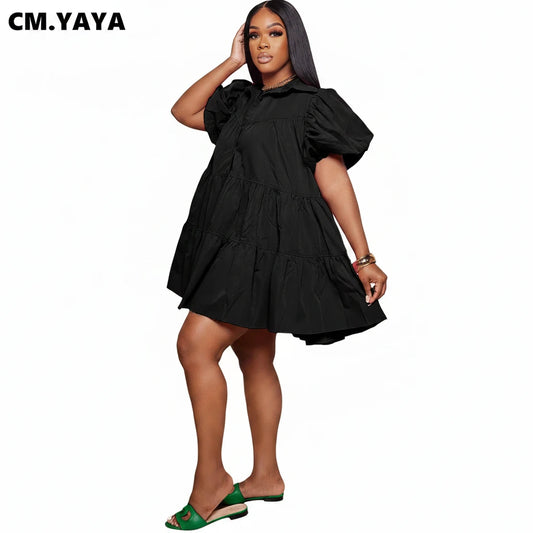 🍒Puff sleeve dress baby doll style single breasted lapel collar dress women mini outfit big swing loose smock dress Get Puffed Out In A Swing