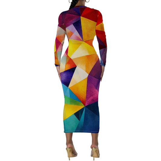 🍒Plus size geometric midi dress full sleeve bodycon women's party vacation outfit bright color clothes date night workwear Drink Wine In A Cut Glass