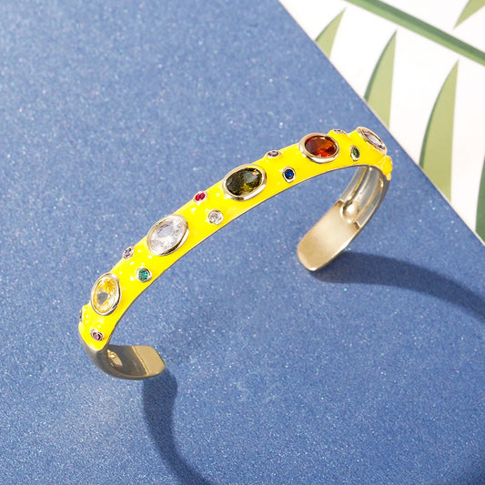 🍒Luxury zircron stone bangle colour crystal bracelet gold color for women summer classic pink oil drip jewlery thin cuff bracelets rhinestones gifts for women