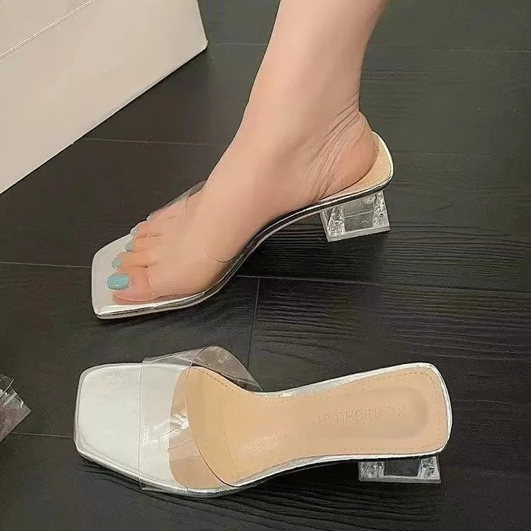 🍒Transparent mules crystal clear shoes mid heels summer footwear for women fashion party slippers occasion footwear Cool Mules