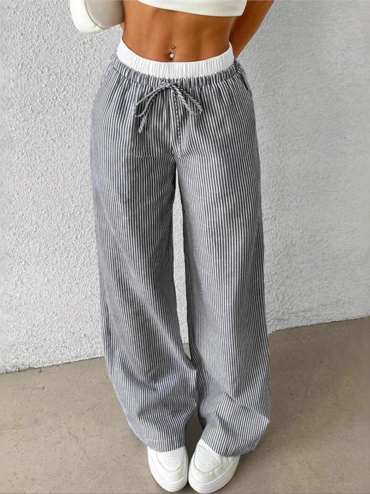 🍒Womens striped trousers Summer fashion streetwear straight casual trousers with elasticated waist versatile slim pants high waist long pants Secure Your Summer StripeyStripe