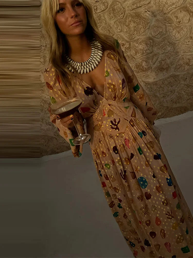 🍒Mesh maxi dress printed for women v-neck long Sleeve drapey maxi outfit boho summer party clothing occasionwear dresses This diamond Is Gold