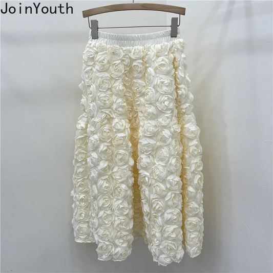 🍒3D flower skirt versatile flower mid-calf a-line fashion wear for women high waist big swing feminine outfit occasion wear party wear chic floral high waist a-line sweet solid colour clothing Pick This Rose And Put It In Your Basket