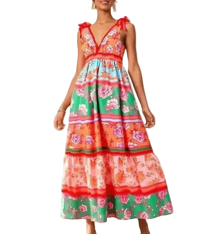 🍒Print sleeveless outfit swing dress v-neck women maxi high waist fashion holidays summer wear beach wear Shore Thang