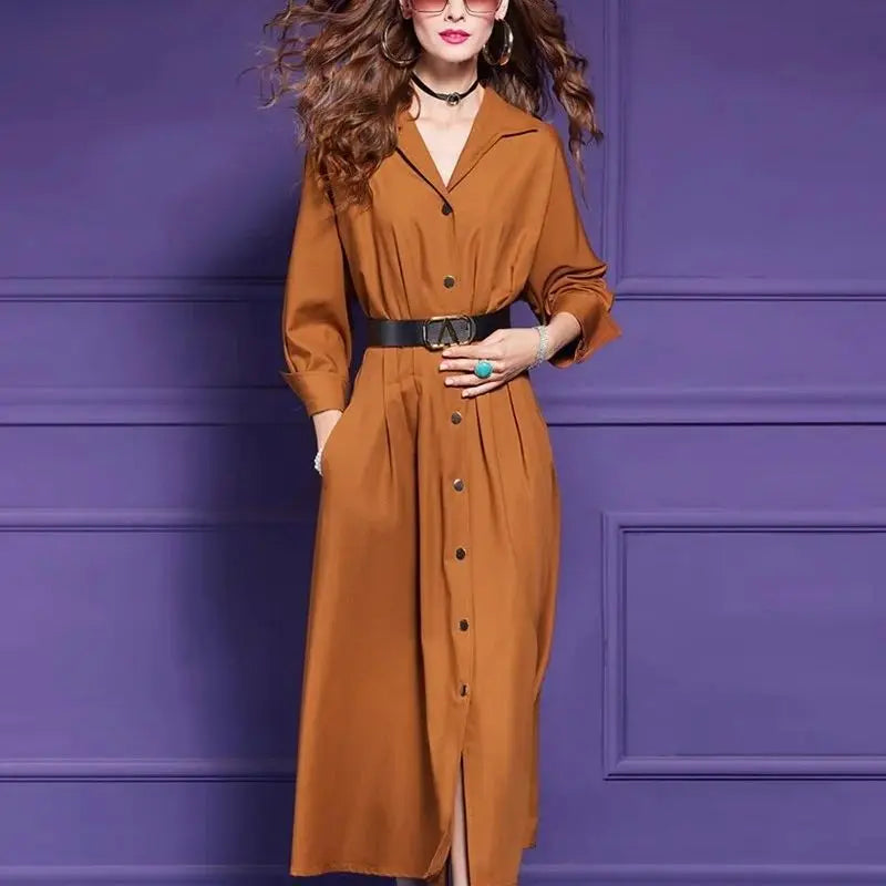 🍒French shirt dress elegant button up outfit women with belt spring autumn solid color fashion single breasted midi Bark Up The Right Tree And Pick An Orange