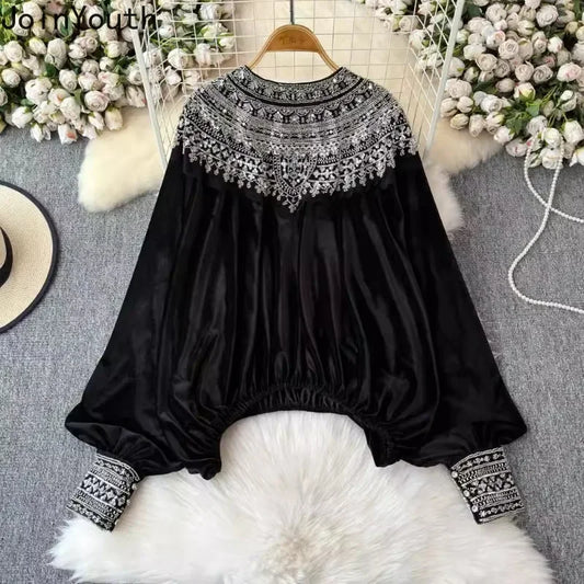 🍒Vintage velvet blouse women's velour shirt sequin clothing elasticated waist top Loose party occasion wear clothing Voted Velvet Varying Never