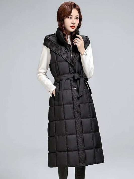 🍒Sleeveless down coat womens lomg outerwear vest autumn winter coat hooded long Jacket down filled waistcoat female winter fashion Get Down With Puffers