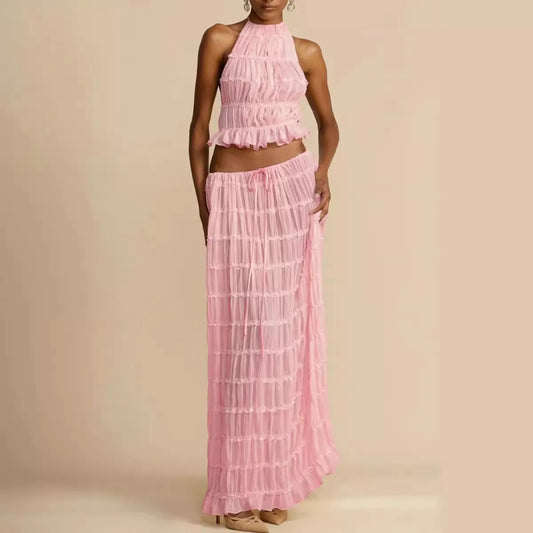 🍒Casual outfit long skirt maxi and sleeveless backless tops for women high waisted long straight skirt beach chic suit Lovely Ruchie Rufflie