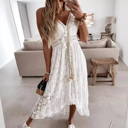 🍒Sleeveless lace dress spaghetti straps camisole long mesh outfit v-neck loose summer fashion for women tassel loose beach wear for women solid colour holiday wear Do A Spot Of Sunbathing In Beachy Lace