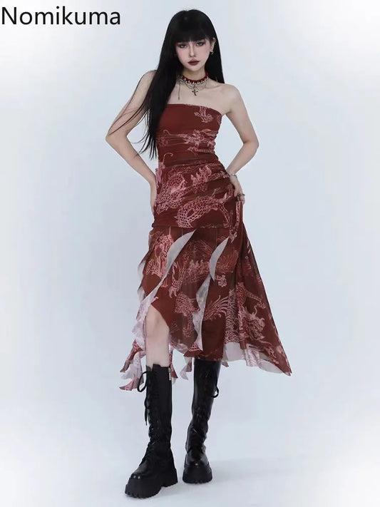 🍒Womens print chiffon dress party occasion wear sleeveless outfit women summer wear clothes Irregular fashionwear Relax In Red Rebel