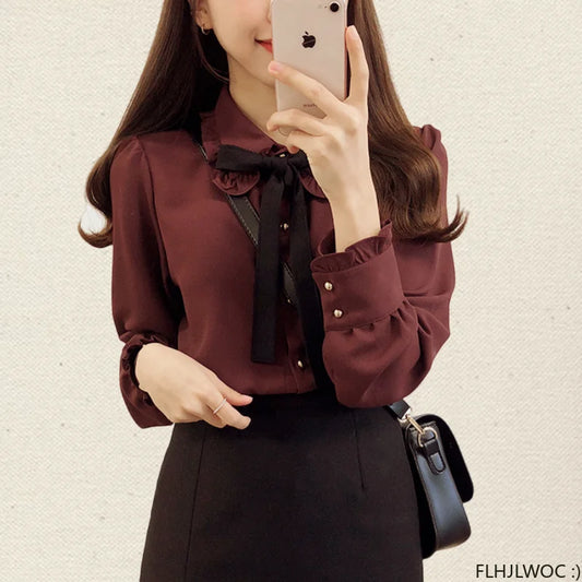 🍒Blouses with bows cute preppy style clothes women solid shirts with ties formal work office wear essential summer clothing Pretty Up In Cute Bows